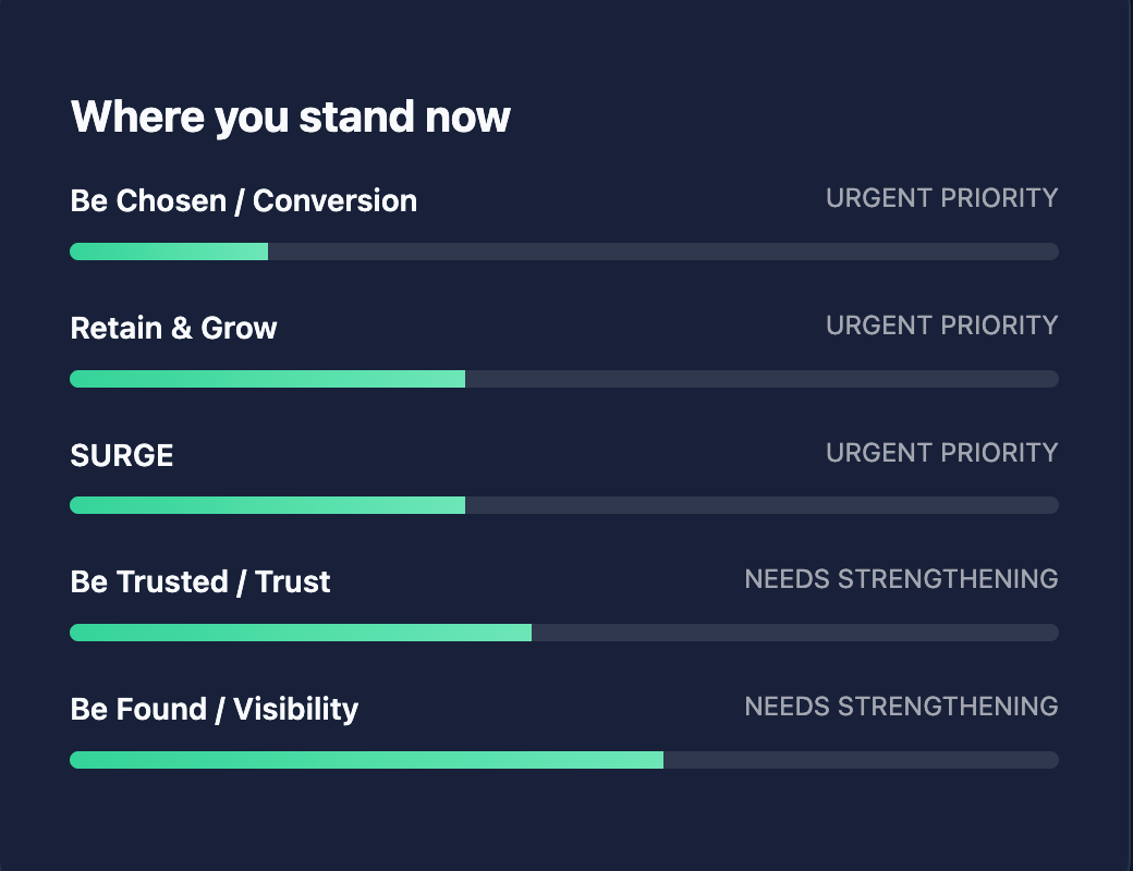 GROWSILK dental Growth Score diagnostic preview — sample result showing primary bottleneck, warning signs, and recommended next step for a dental practice
