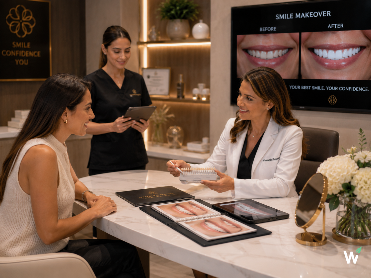 Cosmetic dental consultation — smile makeover and veneer patients comparing practices on visual proof and clinical credibility before booking