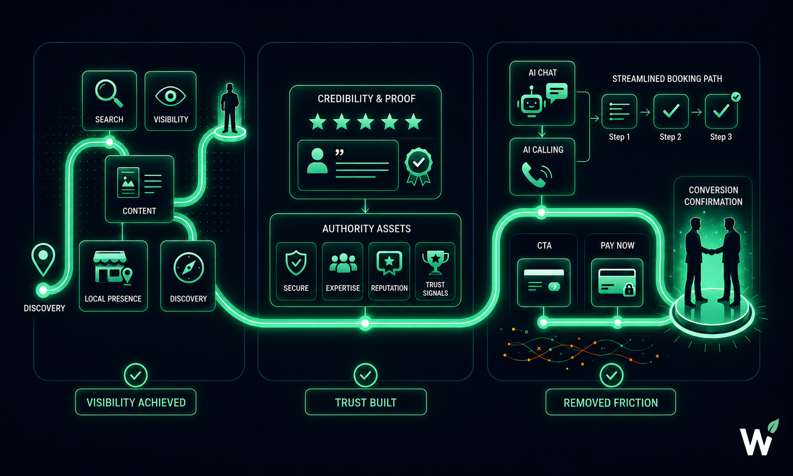 Growth System Stage 04 Conversion — CTA hierarchy, booking paths, missed-call prevention, and AI chat and calling support that turn dental patient interest into booked consultations