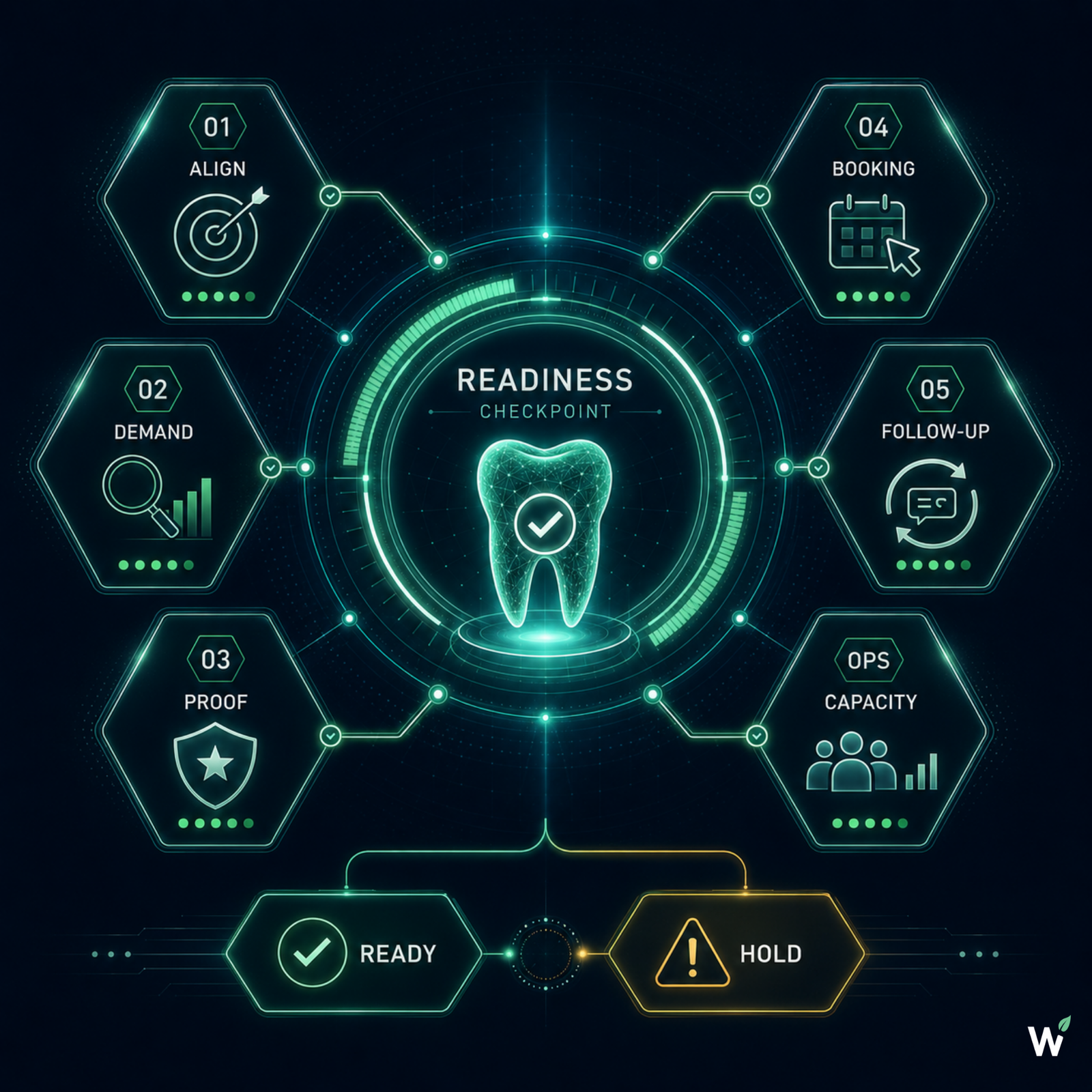 SURGE readiness self-assessment checklist for dental practices — six questions covering Foundation clarity, Visibility performance, Trust signals, Conversion path, Retain and Grow follow-up, and operational capacity before paid amplification begins