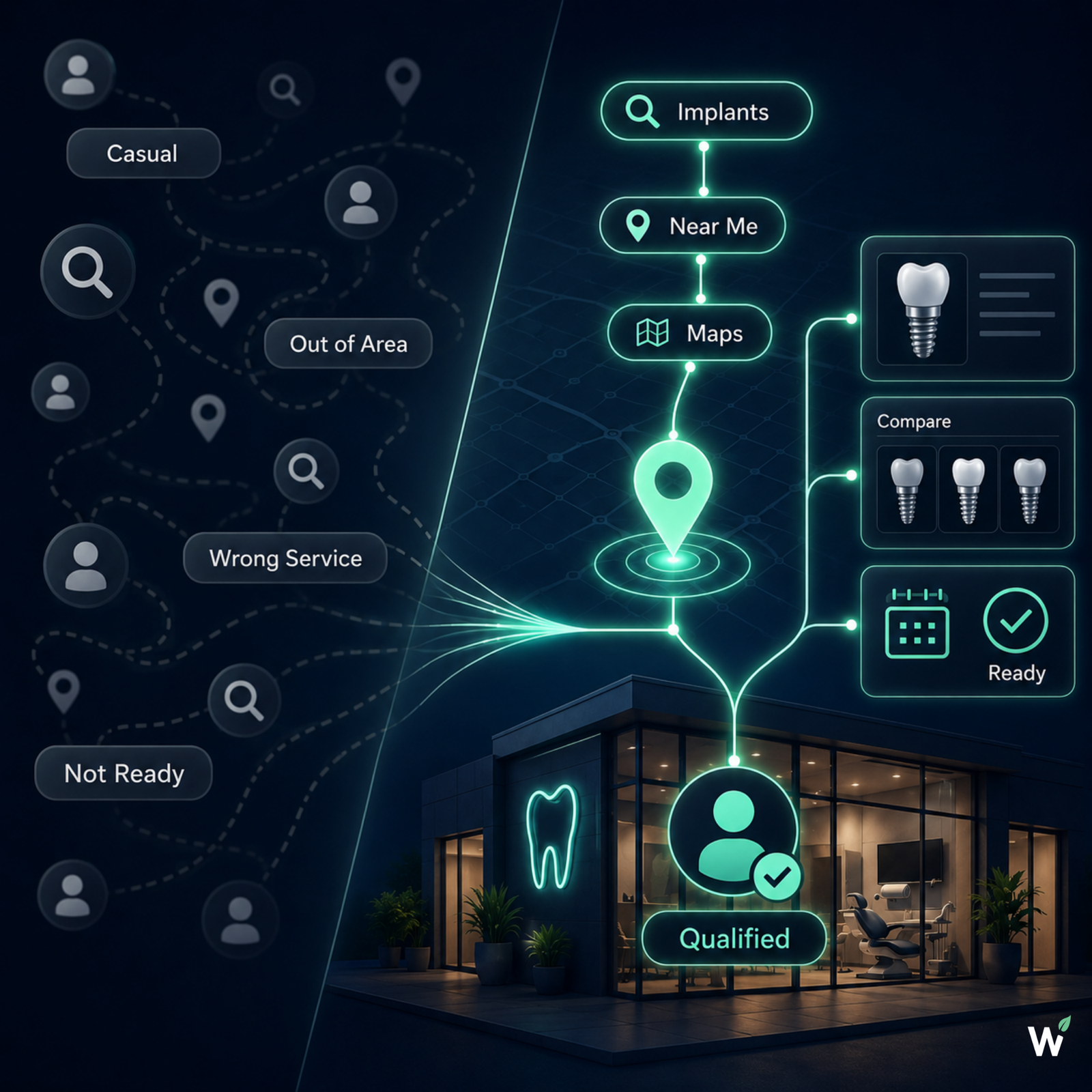 Qualified patient discovery path for dental practices — high-intent treatment searches versus generic unqualified website traffic, showing the difference in commercial visibility