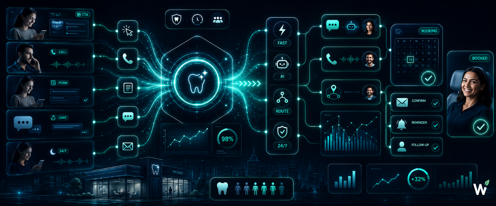 GROWSILK Growth System Stage 04 Conversion — dental practice conversion layer showing CTA hierarchy, booking paths, missed-call prevention, AI chat, response speed, and follow-up infrastructure that turns patient interest into booked consultations