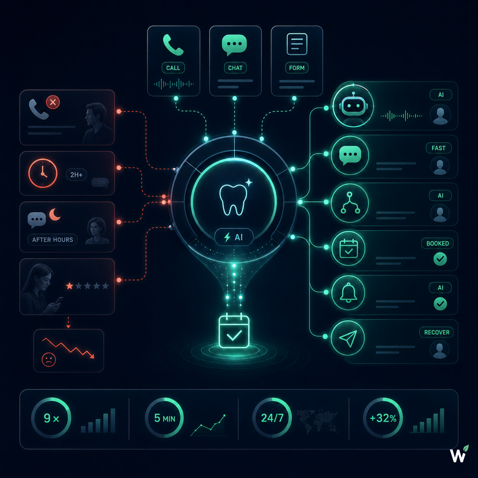 Dental practice response infrastructure — phone, chat, form, calendar, routing, and follow-up systems that close the response gap and prevent high-value implant, cosmetic, and aligner enquiries from going unanswered