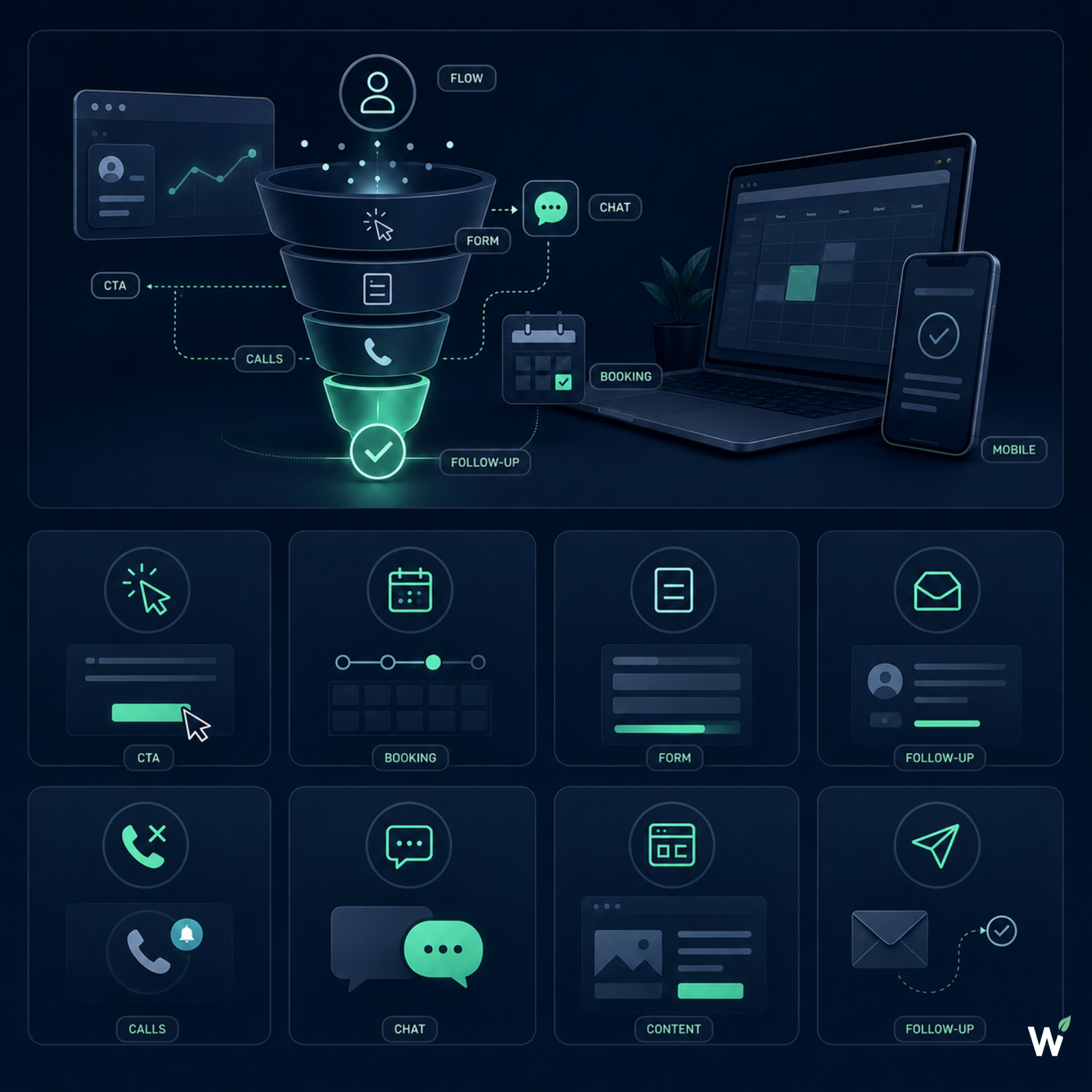 Conversion stage diagnostic dashboard — 8 review components for dental practice booking paths covering CTA hierarchy, booking flow, form friction, missed-call prevention, AI chat, treatment page conversion, and follow-up readiness