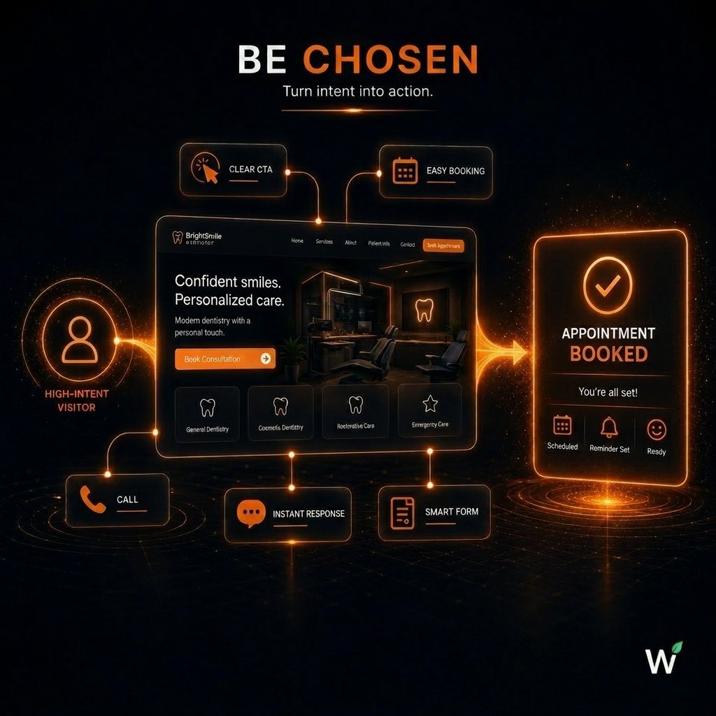 Growth System Stage 04 Conversion — AI chat and calling, booking path optimisation, and missed-call prevention helping dental patients move from interest to booked consultation