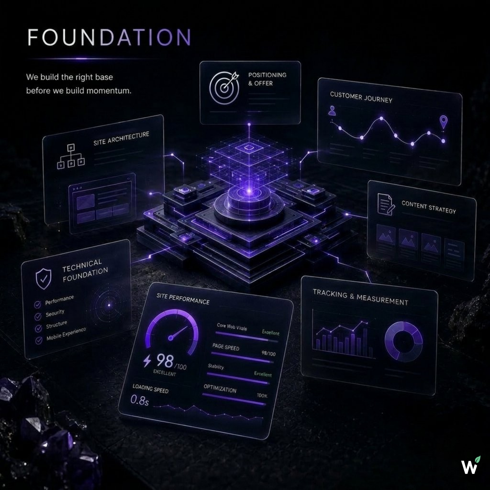 Growth System Stage 01 Foundation — establishing the dental practice baseline including treatment clarity, website structure, tracking, and patient journey mapping
