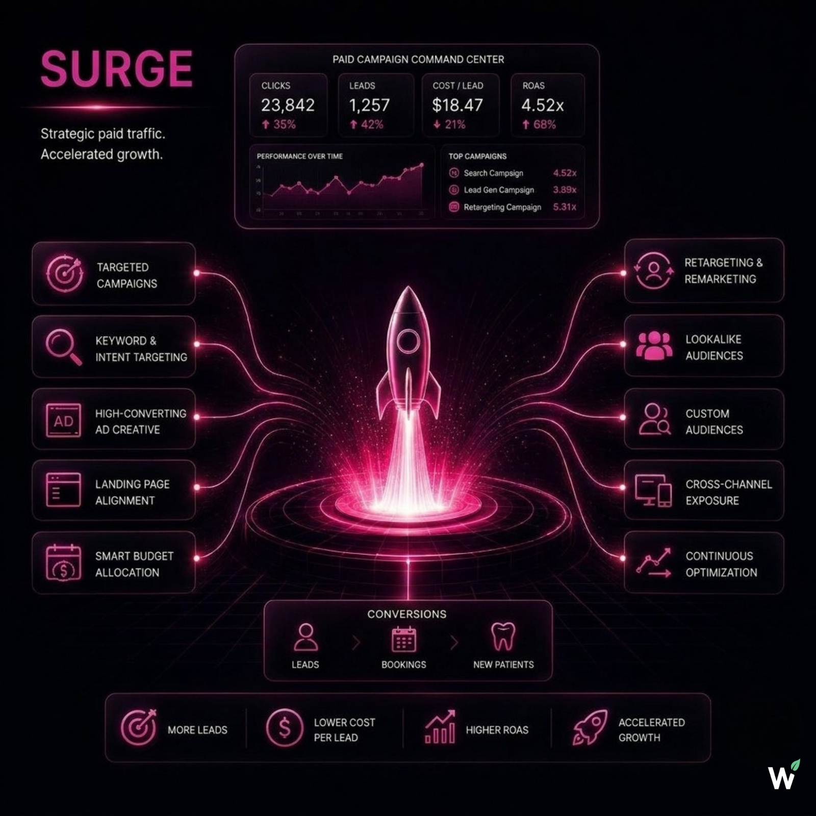 Growth System Stage 06 SURGE — paid traffic amplification for dental practices with a working organic growth foundation, including retargeting, campaign landing pages, and conversion tracking