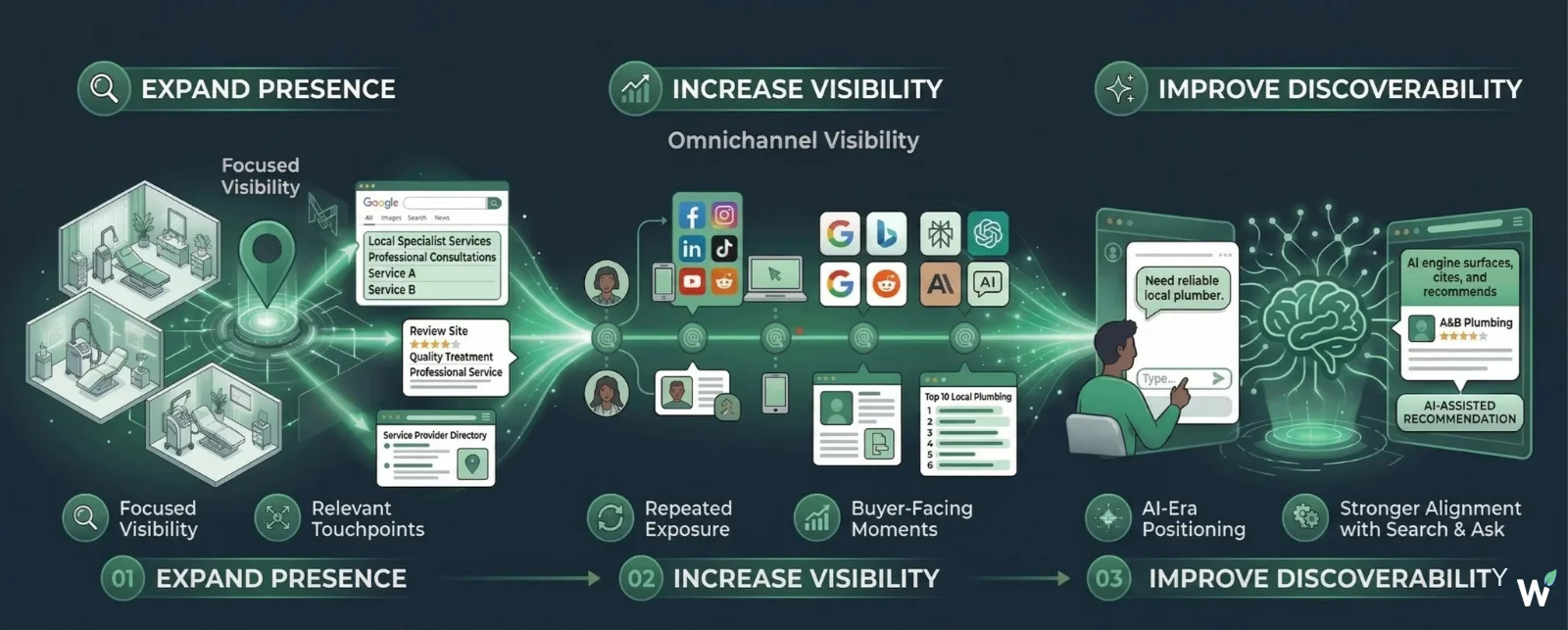 The three Be Found outcomes — expanded dental practice presence, increased visibility during the patient research phase, and improved discoverability across AI-powered search