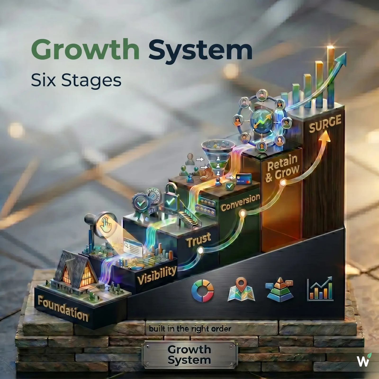The GROWSILK six-stage dental Growth System — Foundation, Visibility, Trust, Conversion, Retain and Grow, and SURGE built in the right diagnostic order