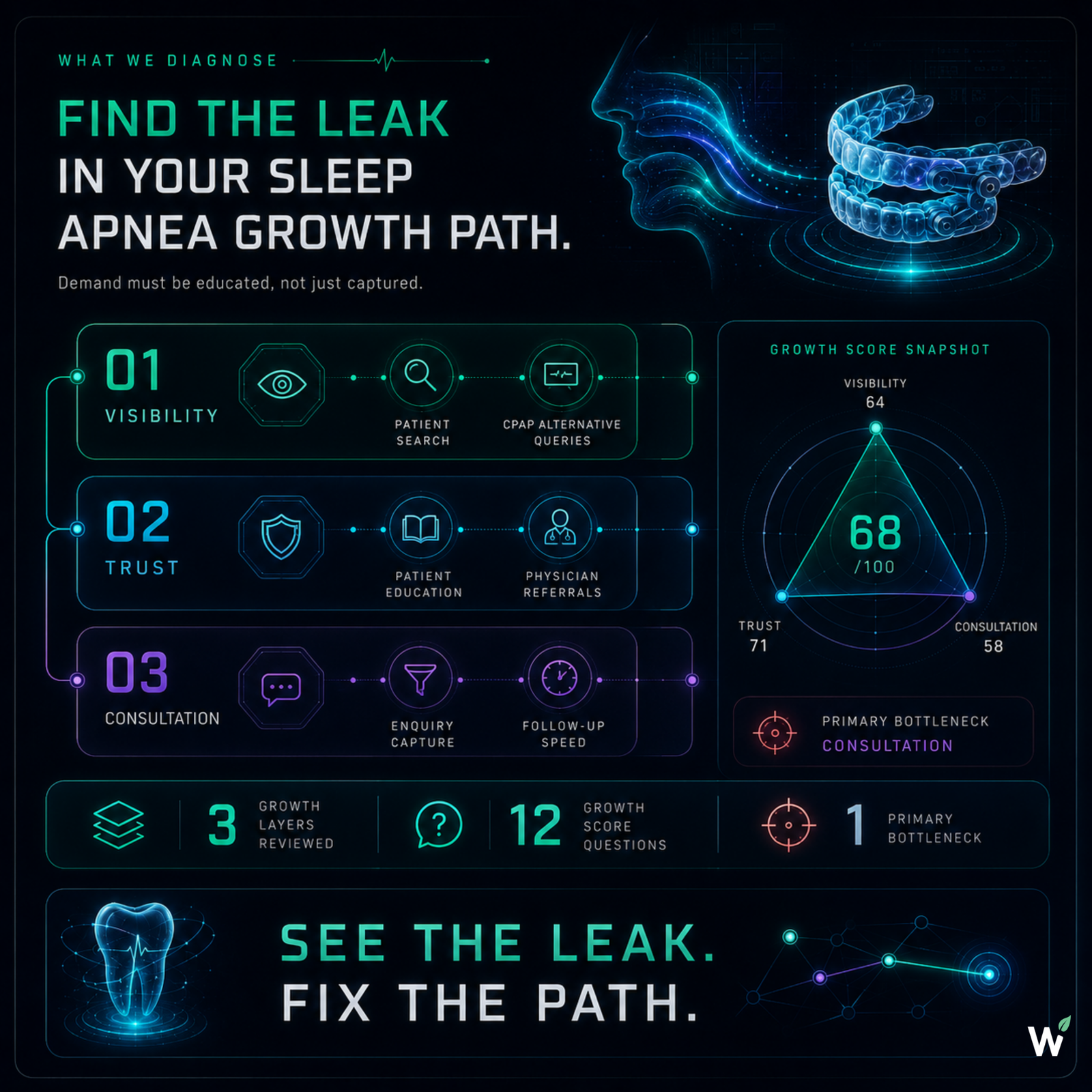 GROWSILK sleep apnea dental growth path diagnostic — identifying whether the practice is leaking at patient discovery visibility, trust and education, physician referrals, or consultation conversion