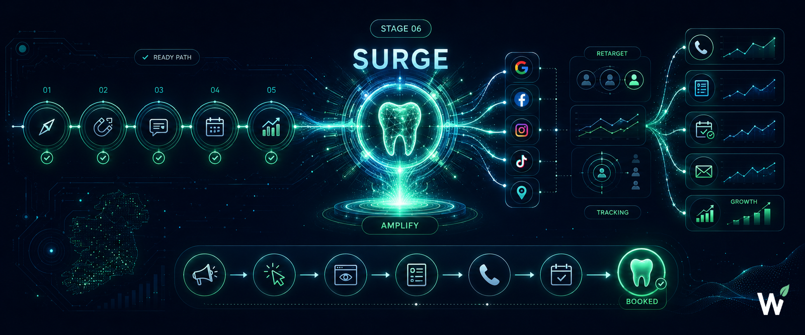 GROWSILK Growth System Stage 06 SURGE — paid demand amplification layer activated on top of a working organic dental growth foundation covering Foundation, Visibility, Trust, Conversion, and Retain and Grow