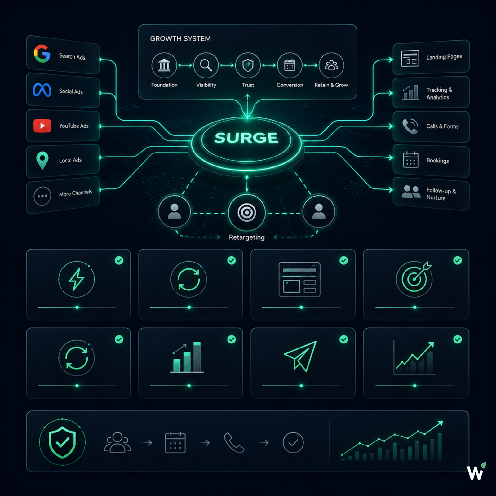 SURGE system map for dental practices — paid channels, retargeting, campaign landing pages, source-to-consultation tracking, and post-click follow-up connected to the full GROWSILK Growth System