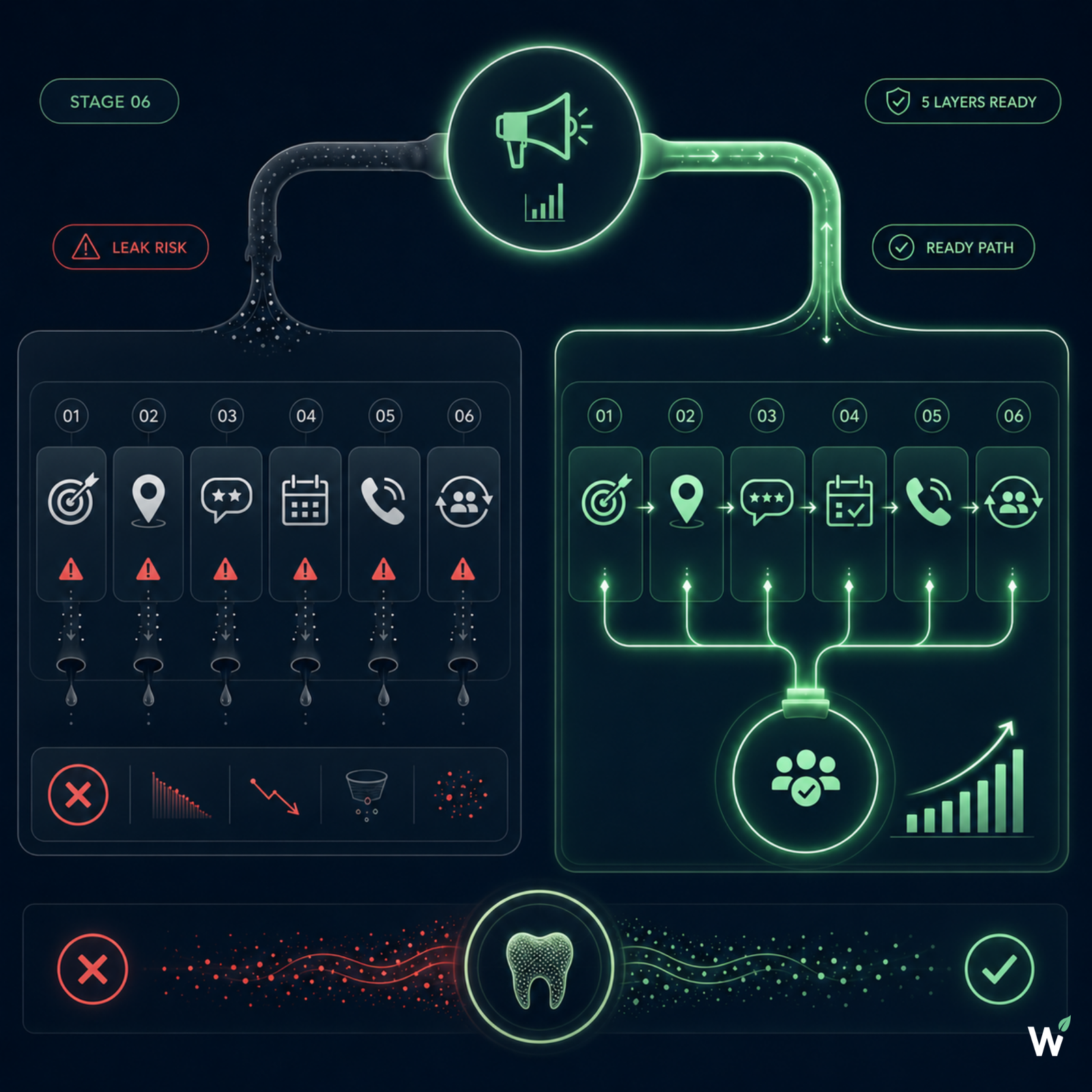Why SURGE comes last — paid dental ad traffic flowing into a leaking growth path versus paid traffic amplifying a connected Foundation, Visibility, Trust, Conversion, and Retain and Grow system