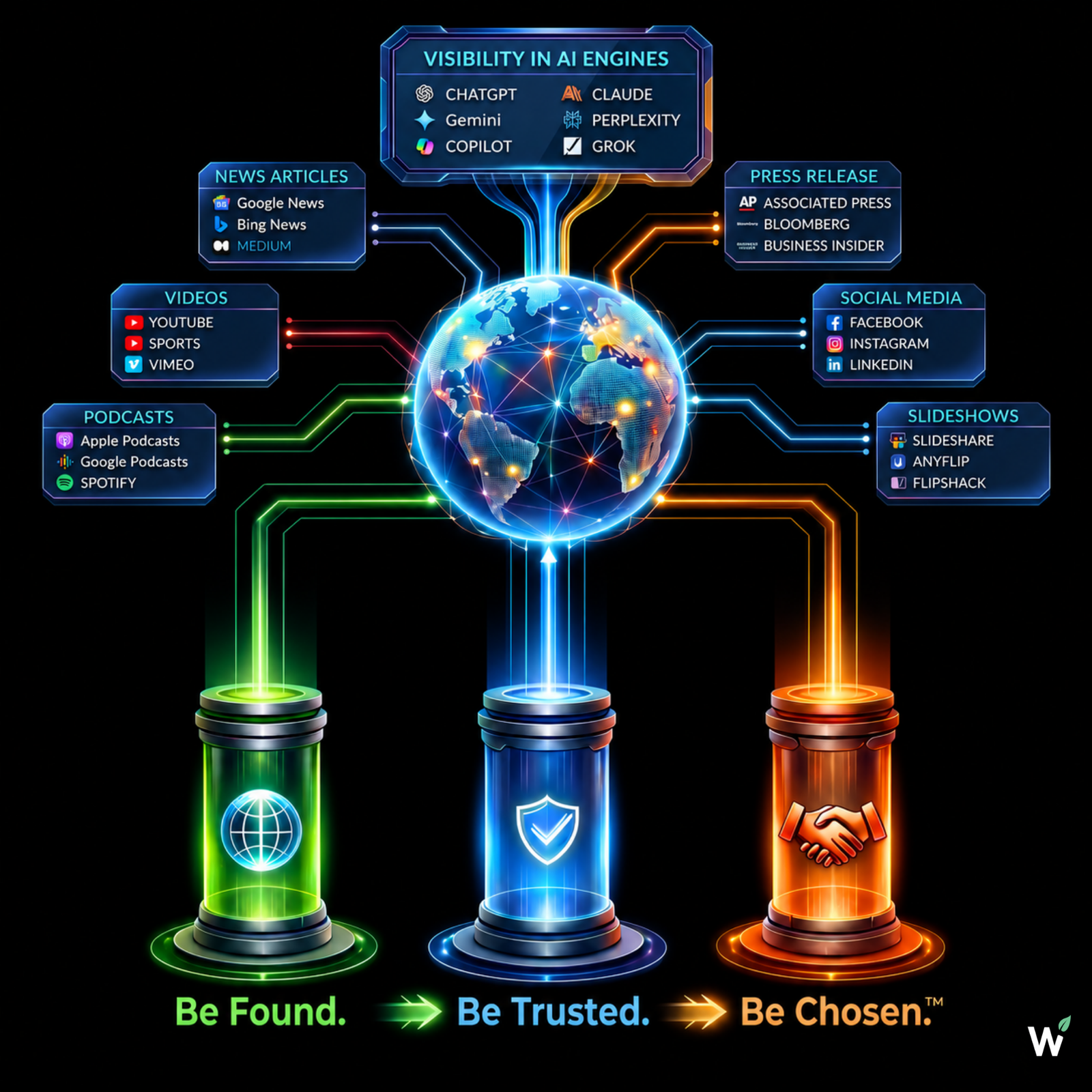 The three pillars — Be Found, Be Trusted, Be Chosen — visualised as three connected discovery, authority, and conversion channels feeding into the GROWSILK dental practice growth system