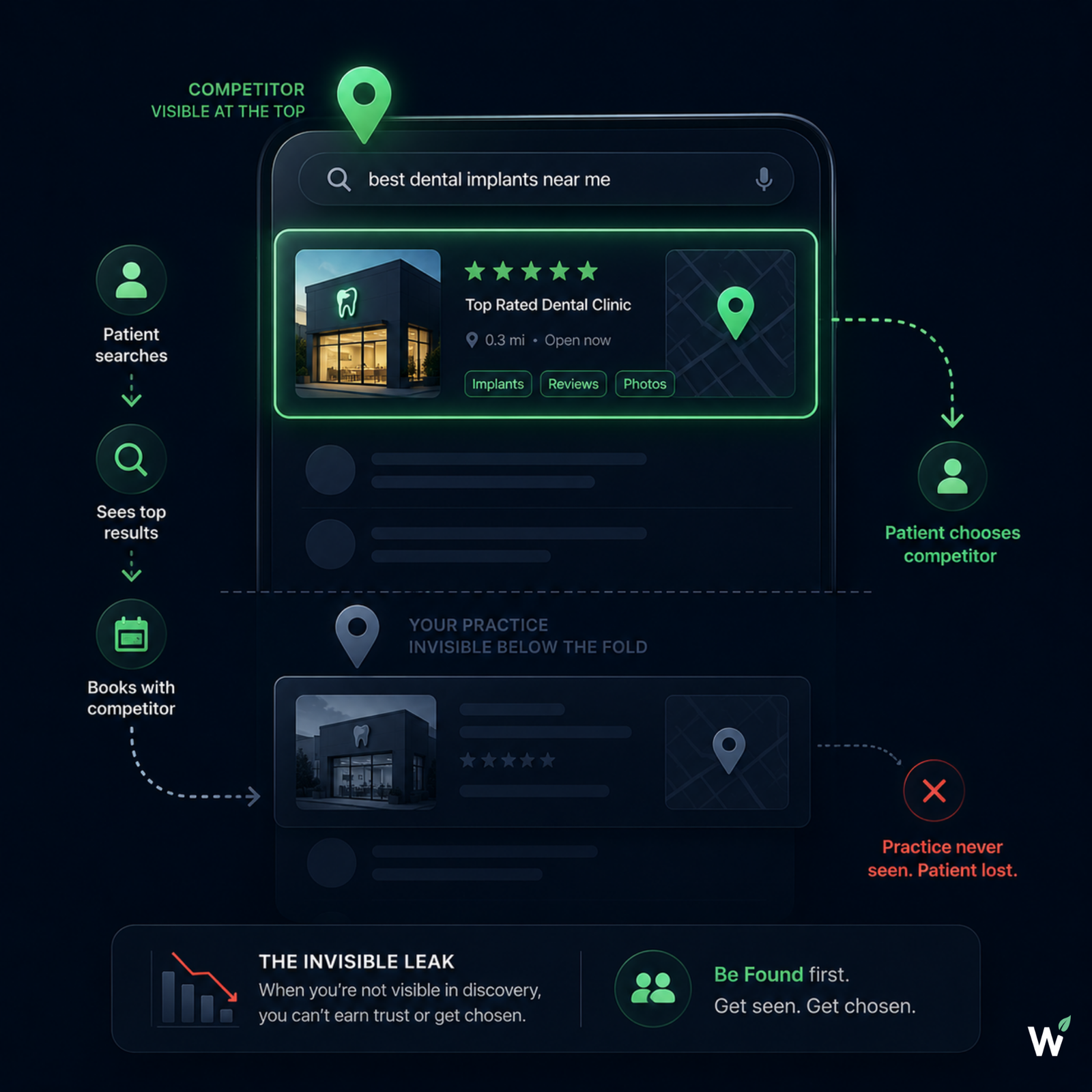 The invisible patient discovery leak — dental practice not appearing in local search while competitors capture high-intent treatment searches